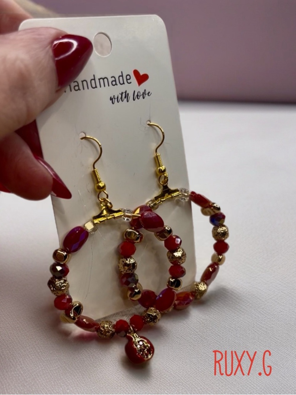 Red Beaded Hoop Earrings - Women's Jewelry w/ pomegranate charm - Picture 5 of 6